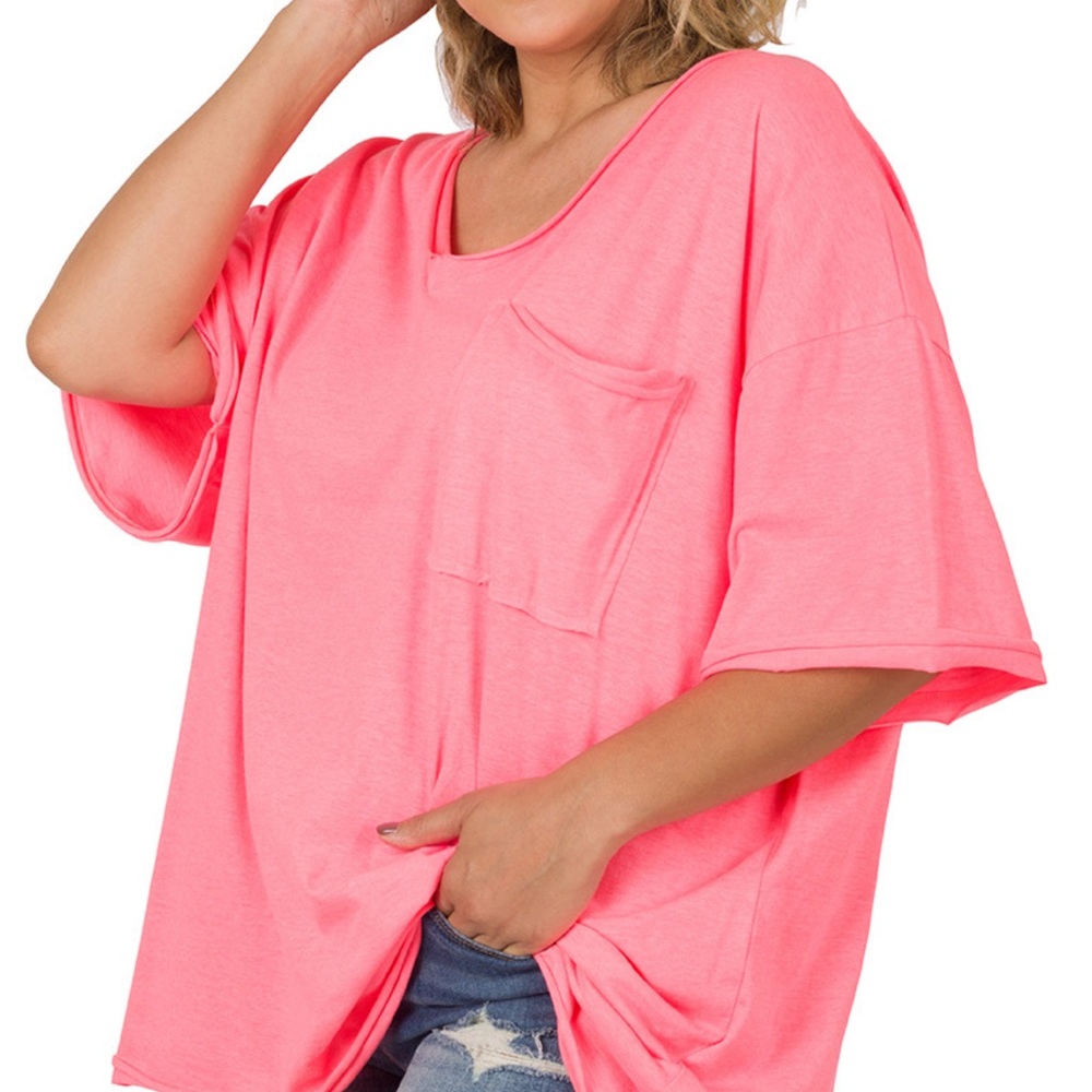ZENANA Oversized Raw Edge Front Pocket Hi Low Tee Top - Picture 13 of 14